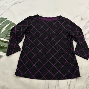 Cut Loose Womens Knit Top Size XS Black Purple Window Pane Plaid 3/4 Sleeve